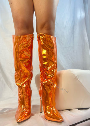 Metallic Finish Knee-High Pointed Toe Stiletto Boots - Orange