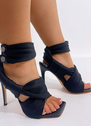 Wrap-Strap Square Open Toe Stiletto Heeled Ankle Sandals - Black