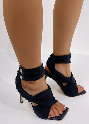 Wrap-Strap Square Open Toe Stiletto Heeled Ankle Sandals - Black
