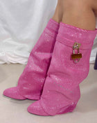 Gem Embellished Diamante Padlock Detail Folded Biker Knee High Boots - Pink
