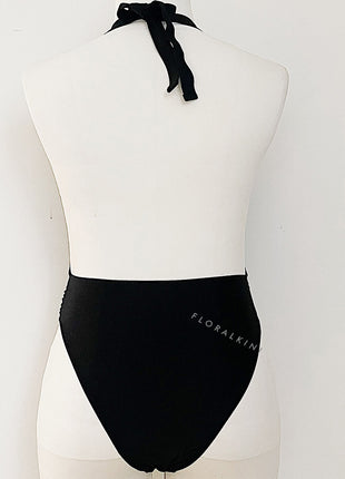 Rosette Deep V Halter One Piece Swimsuit - Black