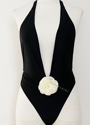 Rosette Deep V Halter One Piece Swimsuit - Black
