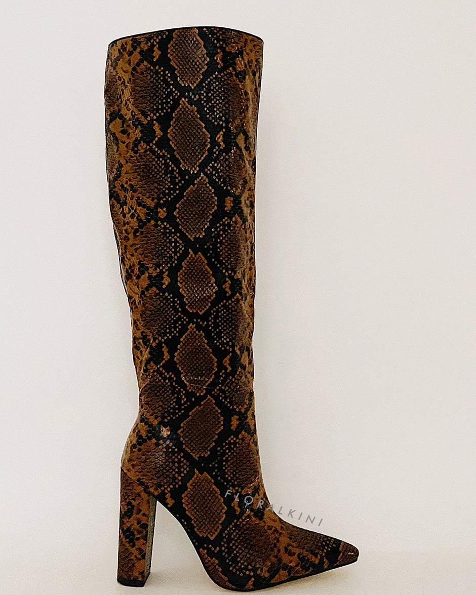 Python Effect Knee High Boots - Brown – FloralKini