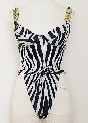 Zebra Print Underwire Wrap Around Gold Chain One Piece Swimsuit
