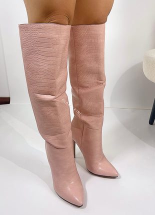 Pink Crocodile-Effect Knee High Pointed Stiletto Heel Boots
