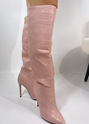 Pink Crocodile-Effect Knee High Pointed Stiletto Heel Boots