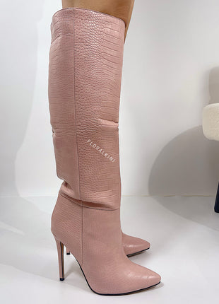 Pink Crocodile-Effect Knee High Pointed Stiletto Heel Boots