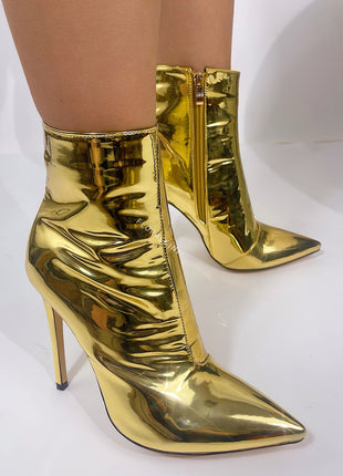 Metallic Gold Pointed Stiletto Heeled Ankle Boots