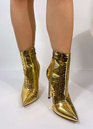 Metallic Gold Pointed Stiletto Heeled Ankle Boots
