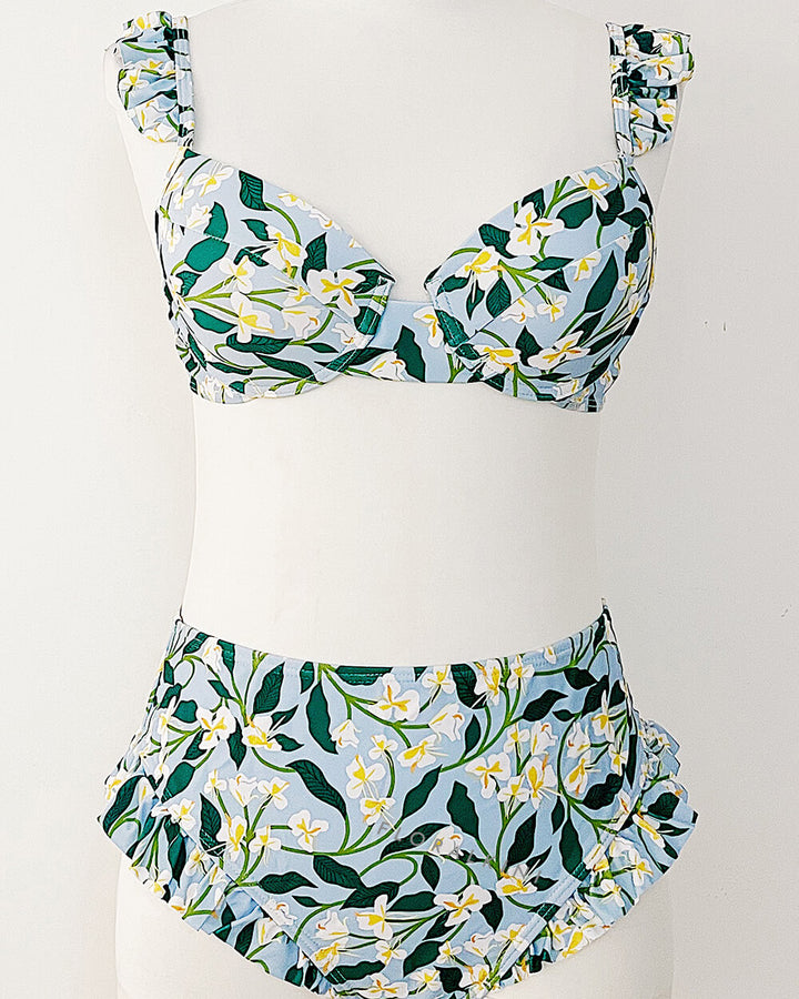 Floral Sweetheart Ruffled Shoulder High Waisted Bikini Set With Ring Detail