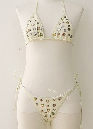 Button Triangle Halter Tie Side Bikini Set