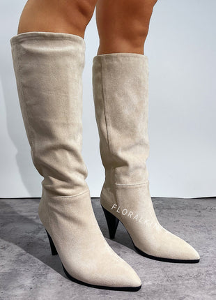 Pointed-Toe Faux Suede Cone Heel Knee High Boots