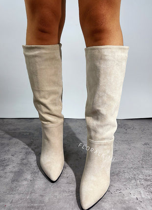 Pointed-Toe Faux Suede Cone Heel Knee High Boots