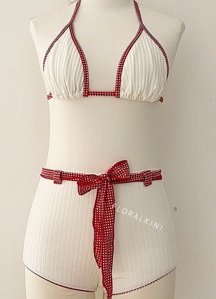 White Rib Triangle Halter Bikini Top And Low Rise Boy Shorts With Red Gingham Binding Details