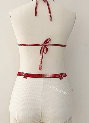 White Rib Triangle Halter Bikini Top And Low Rise Boy Shorts With Red Gingham Binding Details