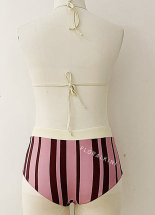Contrasted Striped Triangle Halter Bikini Top And Low Rise Boyshorts With Bead Details