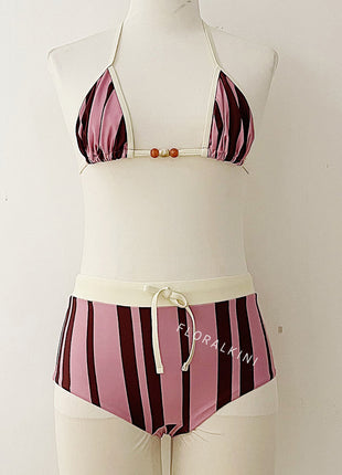 Contrasted Striped Triangle Halter Bikini Top And Low Rise Boyshorts With Bead Details