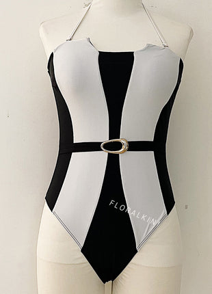 Colorblock Black And White Strapless One Piece Swimsuit With Fixed Belt