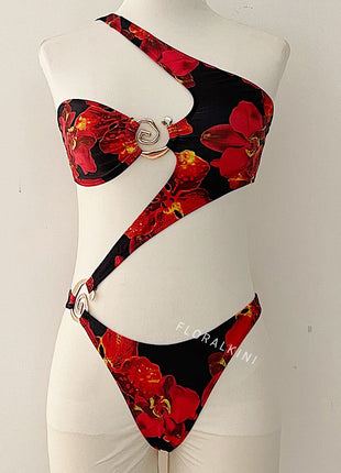 Tropical One Shoulder One Piece Swimsuit With Gold Spiral Hardware Details