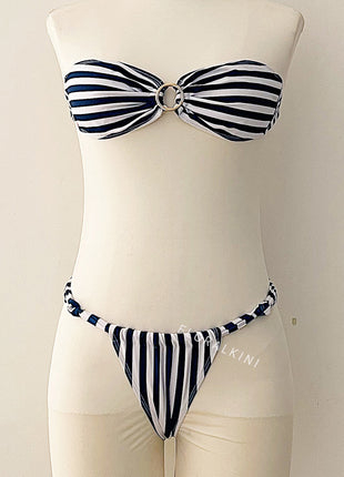 Striped Bandeau Bikini Set With O-Ring Detail