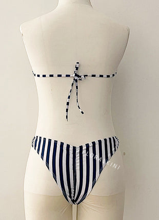 Striped Bandeau Bikini Set With O-Ring Detail