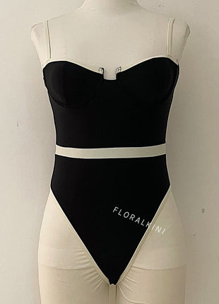 Underwire Contrast Trim High Rise One Piece Swimsuit - Black