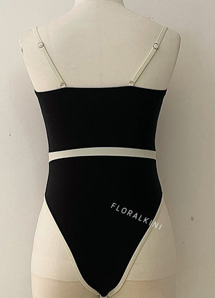 Underwire Contrast Trim High Rise One Piece Swimsuit - Black