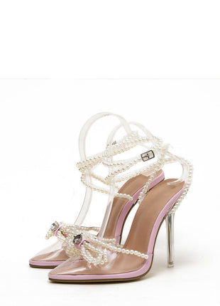 Pearl Bow Clear Perspex Wrap Around Pointed Toe Stiletto Court Heels