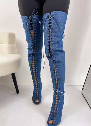 Denim Lace Up Peep Toe Thigh High Boots