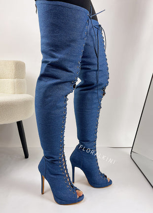 Denim Lace Up Peep Toe Thigh High Boots