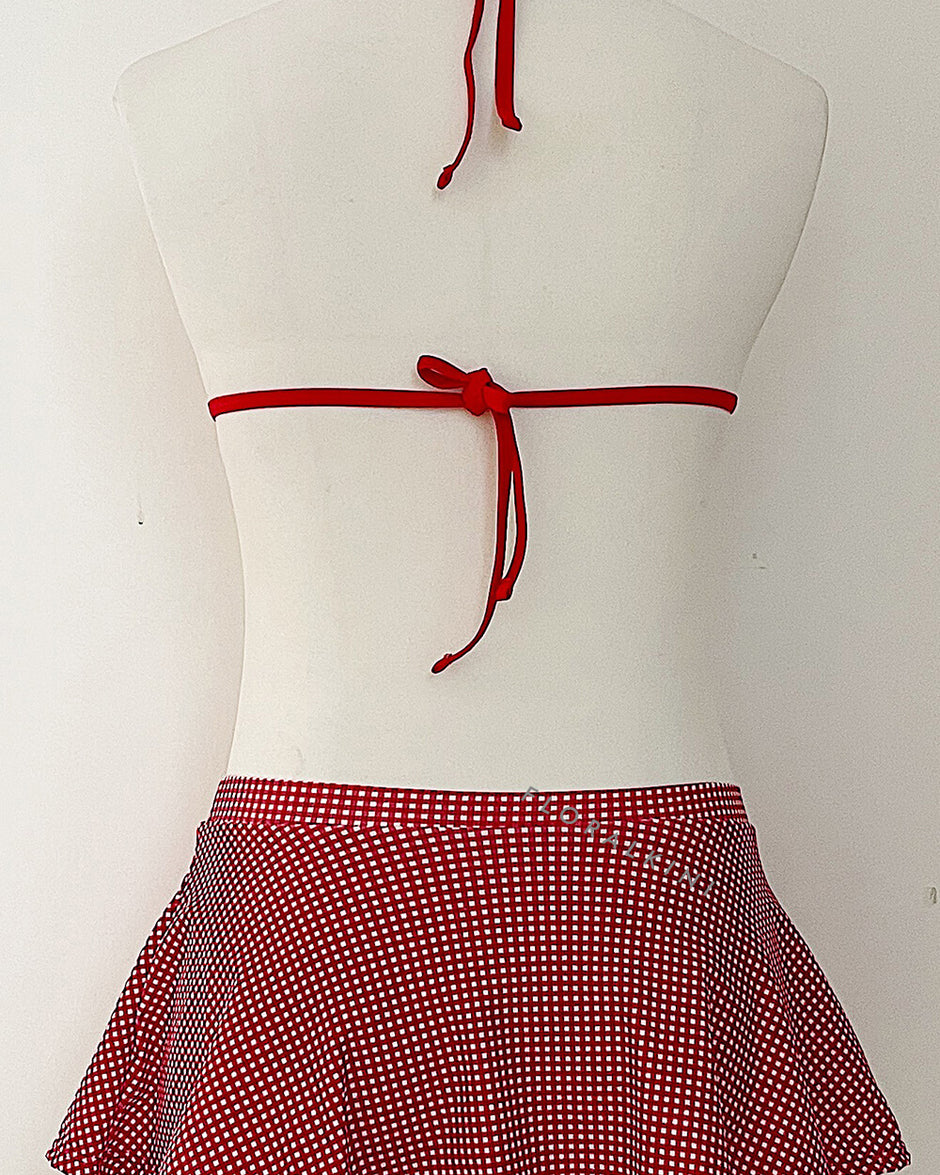 Triangle Gingham Halter Bikini Set With Ruffled Mini Skirt