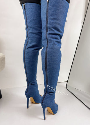 Denim Lace Up Peep Toe Thigh High Boots