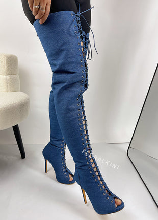 Denim Lace Up Peep Toe Thigh High Boots