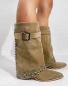 Faux Suede Studded And Crystal-Embellished Cowboy Fold Over Mid-Calf Boots