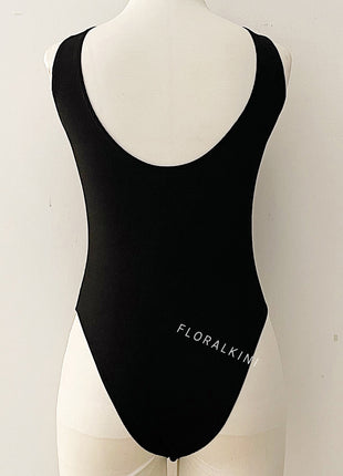 Ribbed High Neck One Piece Swimsuit - Black/White