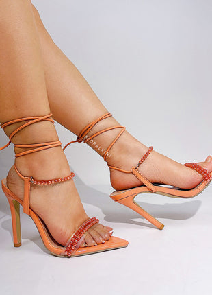 Pearl Strap Lace Up Pointed Toe High Stiletto Heels - Coral
