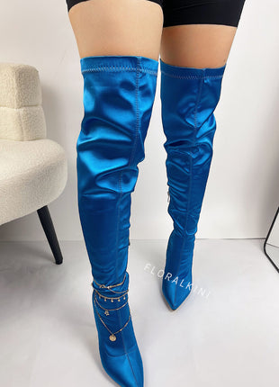 Blue Satin Pointed Toe Thigh High Boots