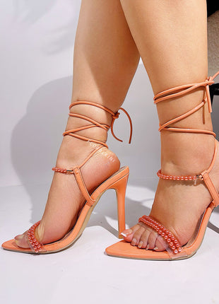 Pearl Strap Lace Up Pointed Toe High Stiletto Heels - Coral