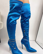 Blue Satin Pointed Toe Thigh High Boots