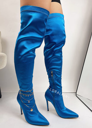 Blue Satin Pointed Toe Thigh High Boots