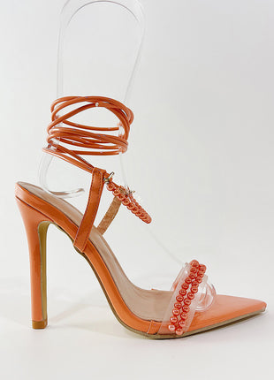 Pearl Strap Lace Up Pointed Toe High Stiletto Heels - Coral