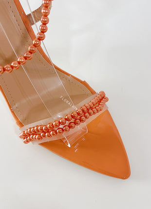 Pearl Strap Lace Up Pointed Toe High Stiletto Heels - Coral