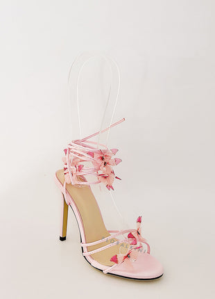 Butterfly Lace Up Open Toe High Stiletto Heels - Pink