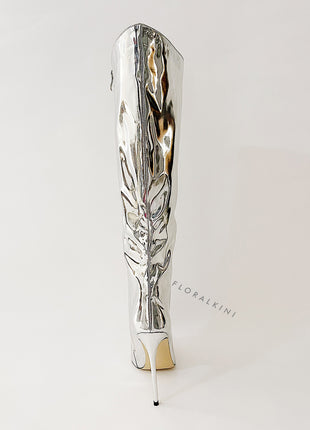 Metallic Finish Knee-High Pointed Toe Stiletto Boots - Silver
