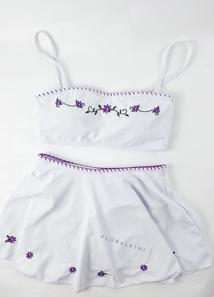 Floral Embroidered Bandeau Bikini Set With Ruffled Mini Skirt - White