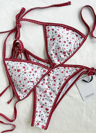 Triangle Contrast Binding Halter Adjustable Tie High Cut Bikini Set