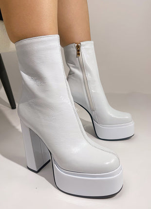 Calf Leather Double Platform Block Heel Ankle Boots