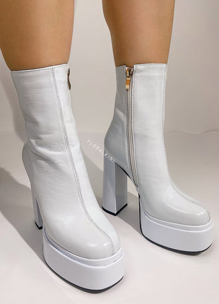 Calf Leather Double Platform Block Heel Ankle Boots