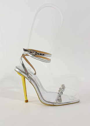 Metallic Clear Diamante Pointed Toe High Stiletto Heels - Silver