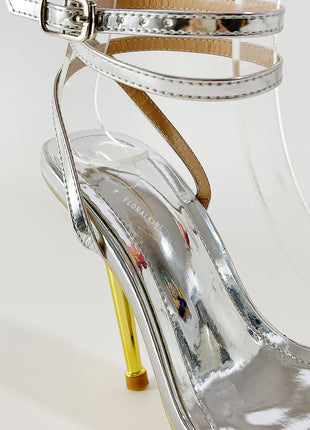 Metallic Clear Diamante Pointed Toe High Stiletto Heels - Silver